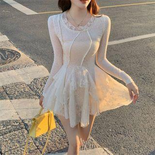 Long-sleeve Lace Panel A-line Layered Dress