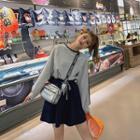 Set: Contrast Trim Long-sleeve T-shirt + High-waist Mini A-line Skirt