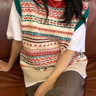 Pattern Sweater Vest Pattern - Green & Red & Almond - One Size