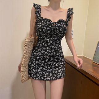 Floral Print Ruffled Sleeveless Swim Dress