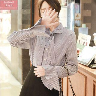 Bell-sleeve Bow Loose-fit Striped Blouse