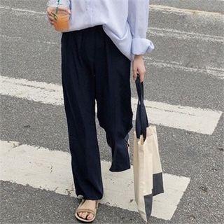 Slit-hem Straight-cut Pants Navy Blue - One Size