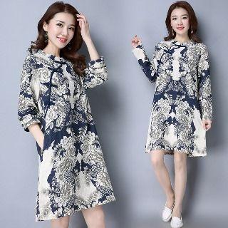 Long-sleeve Side-button Floral Dress
