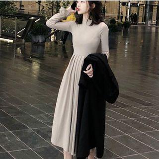 Mock Neck Long-sleeve A-line Midi Dress