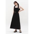 Cross-strap Long Overall Dress With Belt Black - One Size