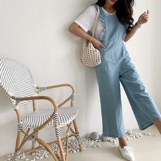 Frilled Strap Overall Jeans Light Blue - One Size