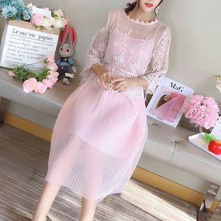 Set: 3/4-sleeve Lace Top + Strappy Panel Midi Dress