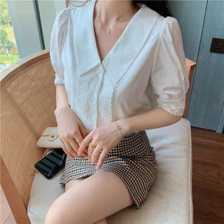 Puff Sleeve Peter Pan Collar Lace Panel Shirt