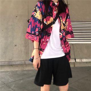 Graffiti Print Short-sleeve Shirt As Shown In Figure - One Size