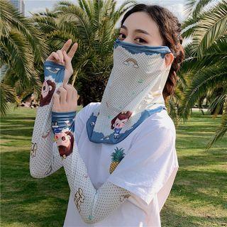 Set: Dotted Sun Protection Arm Sleeve + Face Mask Blue & White - One Size