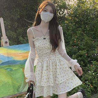Spaghetti Strap Floral Smocked Mini Dress / Long-sleeve Light Jacket