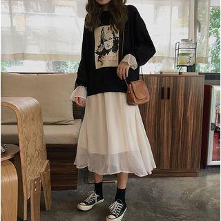 Print Pullover / Long-sleeve A-line Midi Dress