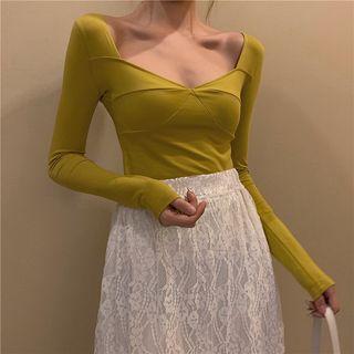 Sweetheart Neckline Long-sleeve Top / A-line Midi Lace Skirt