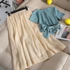 Open-back Strap Knit Top + Organza Midi Skirt