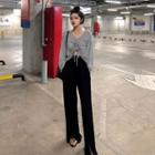 Plain Lettering Print V-neck Drawcord Long-sleeve Top / High-waist Wide-leg Pants