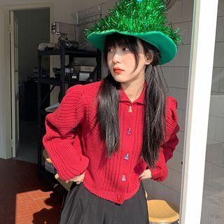Bear Button Puff-sleeve Cardigan