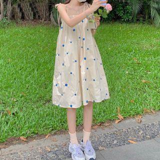 Spaghetti Strap Embroidered Midi A-line Dress Blue Flower - Almond - One Size