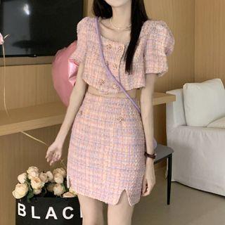 Short-sleeve Plaid Double-breasted Crop Top / Mini Pencil Skirt