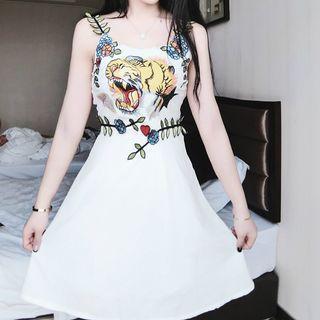 Tiger Embroidered Spaghetti Strap A-line Dress