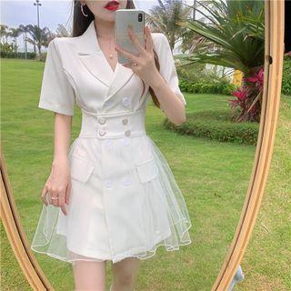 Set: Short-sleeve Double-breasted Mini Blazer Dress + Mesh Skirt