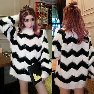 Mock-neck Color Block Long Sweater White - One Size