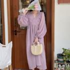 Long-sleeve V-neck Ruffle Trim Maxi Dress Pink Purple - One Size