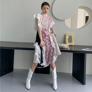 Cap-sleeve Print Ruffled Midi A-line Dress