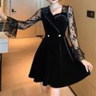 Long-sleeve Lace Velvet A-line Mini Dress