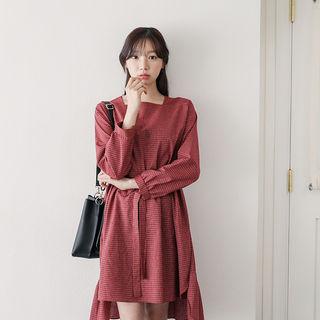 Square-neck Plaid Dress With Sash