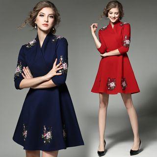 3/4-sleeve Floral Embroidered V-neck Gathered-waist Dress
