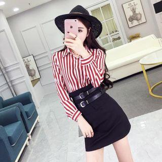 Set: Striped Shirt + Pencil Skirt + Belt