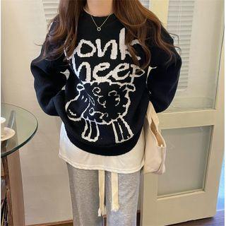 Cartoon Jacquard Sweater White Print - Black - One Size