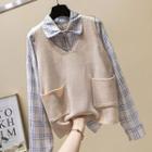Plaid Shirt / V-neck Knit Vest / Set
