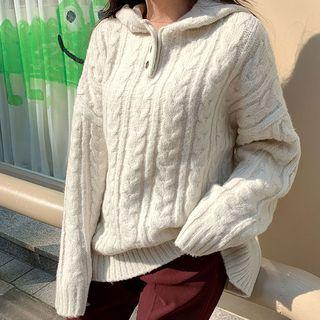 Buttoned Wool Blend Cable-knit Hoodie