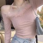 Fluffy Trim Cold-shoulder Cropped T-shirt