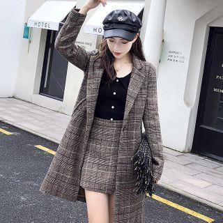 Set: Single-breasted Plaid Blazer + Mini Skort
