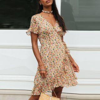 Short-sleeve Floral Print Ruffled Mini A-line Dress