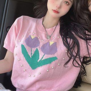 Short-sleeve Flower Knit Crop Top Pink - One Size