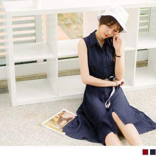 Sleeveless Tie-waist A-line Shirtdress
