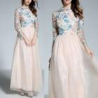 Long Sleeve Floral Embroidered Mesh Evening Gown