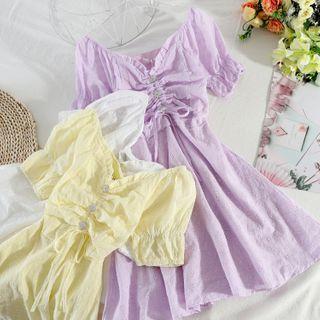 Short-sleeve Drawstring Eyelet Lace Midi A-line Dress