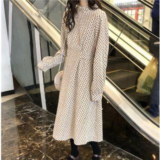 Frilled Trim Stand Collar Heart Print Corduroy Dress As Shown In Figure - One Size