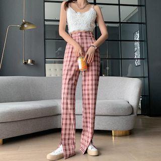 Plaid Slit Straight-leg Pants