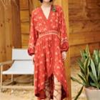Patterned Balloon-sleeve Dip-back A-line Dress