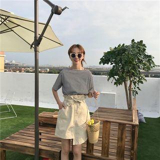 Short-sleeve Striped Top / A-line Mini Skirt