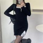 Long-sleeve Lace Trim Mini Dress Black - One Size