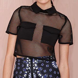 Short-sleeve Collared Mesh Top