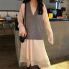 Lace Trim Long-sleeve Midi Dress / V-neck Knit Vest
