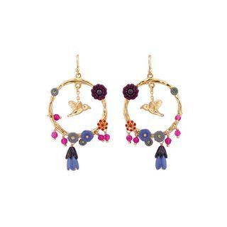 Fashion And Elegant Plated Gold Enamel Flower Bird Circle Earrings With Cubic Zirconia Golden - One Size
