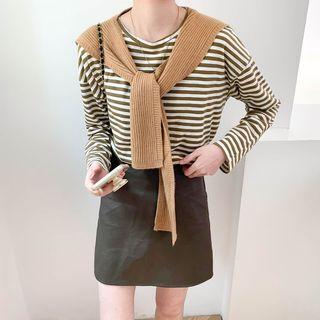 Round-neck Striped Oversize Top / Plain Cape / High-waist Faux Leather A-line Mini Skirt